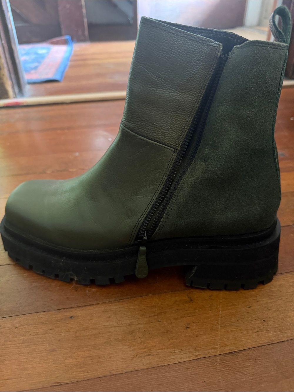 Chunky Lug-Sole Ankle Boot in Olive Green with Side Zip Size 39